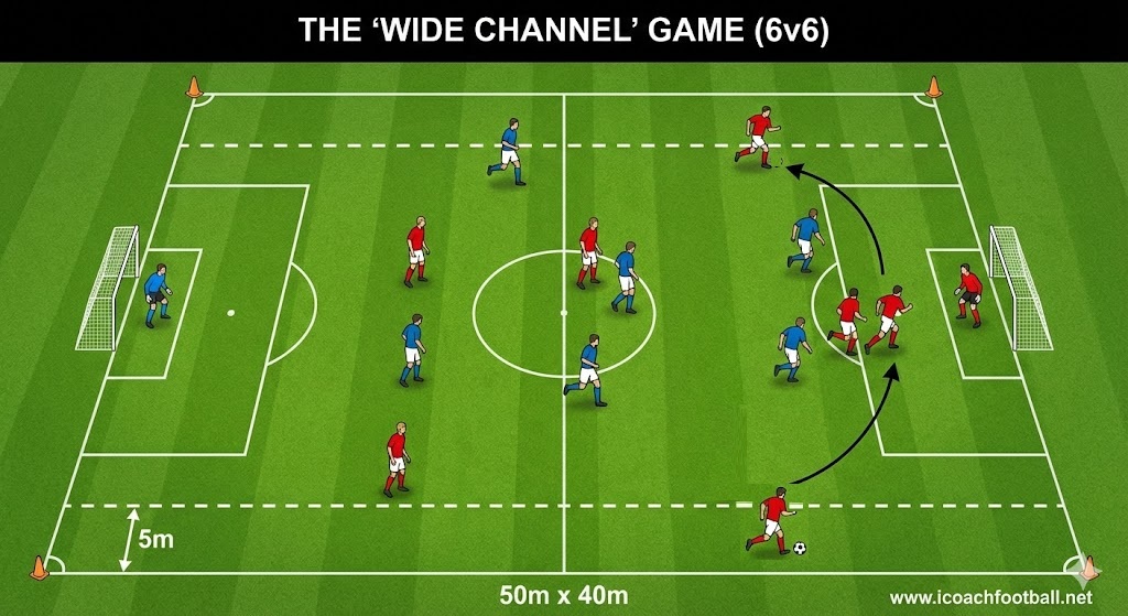 A tactical soccer diagram showing a pitch with two "Wide Channels" marked off by cones. 6 Red players vs 6 Blue players plus goalkeepers. Arrows show a winger running down the channel to cross. www.icoachfootball.net.