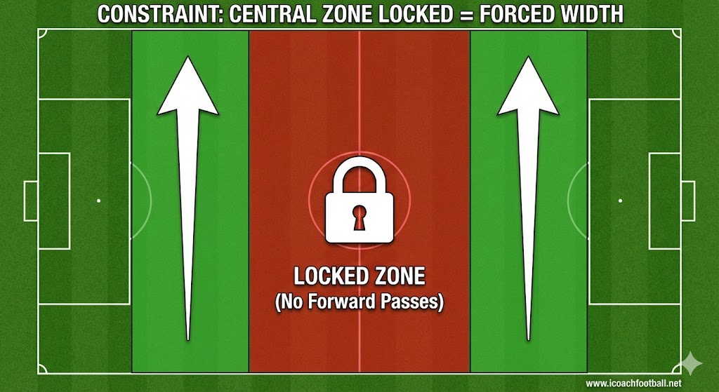 Soccer tactical diagram showing a pitch with the central zone locked with a padlock icon, forcing attacking play into the wide green channels.