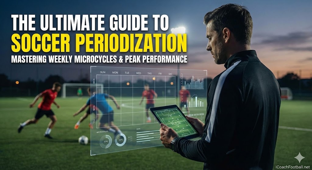 Featured banner for soccer periodization guide showing a weekly microcycle timeline with the text "Soccer Periodization: The Ultimate Guide" and iCoachFootball logo.