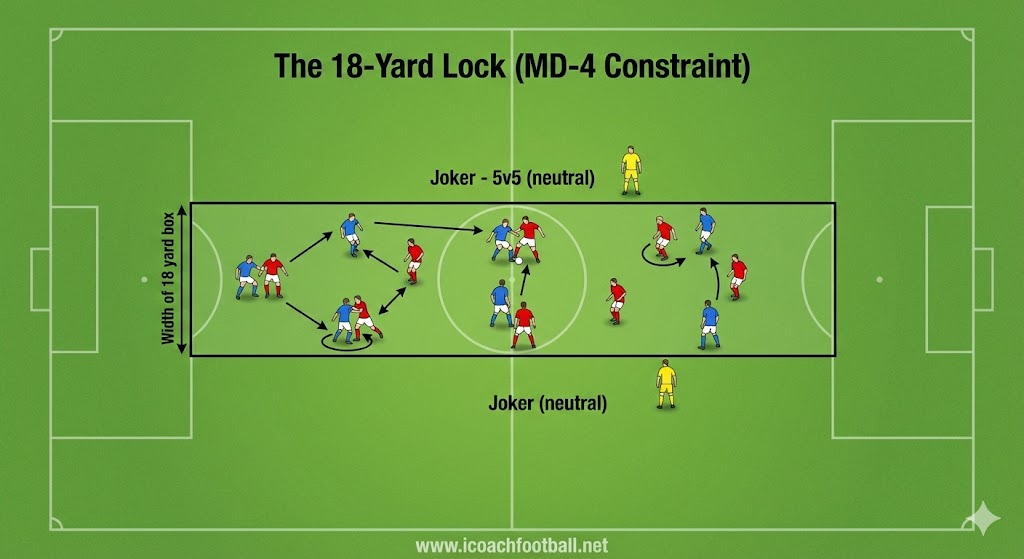 The MD-4 Protocol (Strength & Power) 4 2D tactical diagram of the '18-Yard Lock' soccer drill for MD-4 Strength. Shows a 5v5 Small Sided Game with 2 Neutral players (Green) played on a narrow pitch constrained to the width of the 18-yard box.
