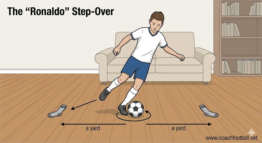 Diagram of the Ronaldo Step-Over soccer drill showing a player feinting by stepping around the ball to the outside before pushing it in the opposite direction.