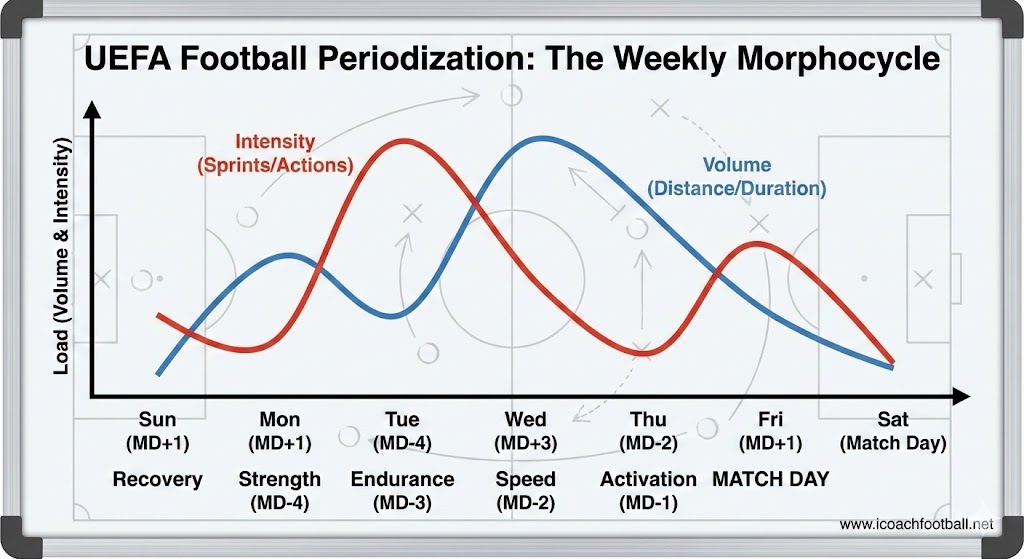 UEFA Football Periodization Morphocycle Chart showing intensity and volume load from MD-4 to Match Day.
