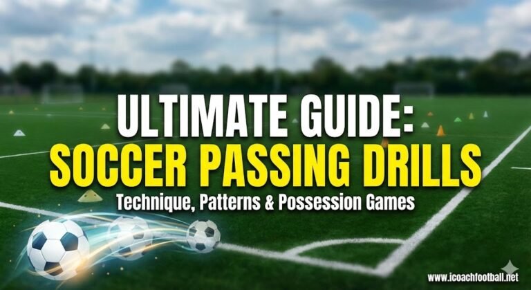 Featured image for the Ultimate Guide to Soccer Passing Drills blog post, showing a professional soccer tactical background with a ball, cones, and the text "Ultimate Guide to Soccer Passing Drills".