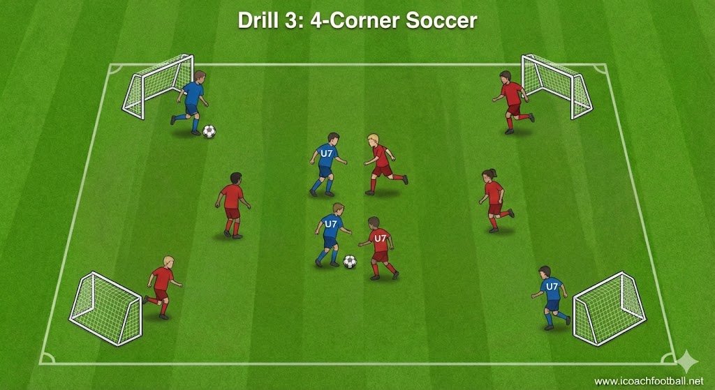 Tactical diagram of 4-Corner Soccer showing a scrimmage with goals in all four corners of the field.