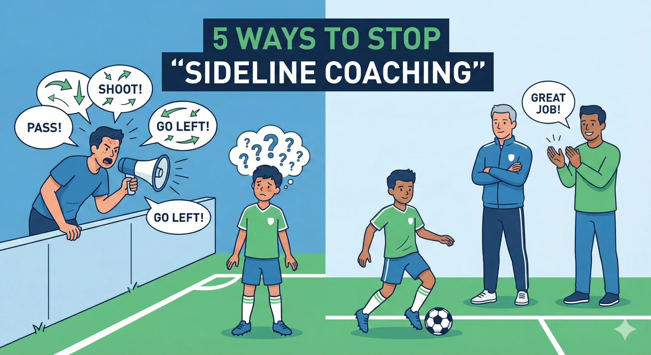 Sideline coaching vs supportive parenting illustration for youth soccer.