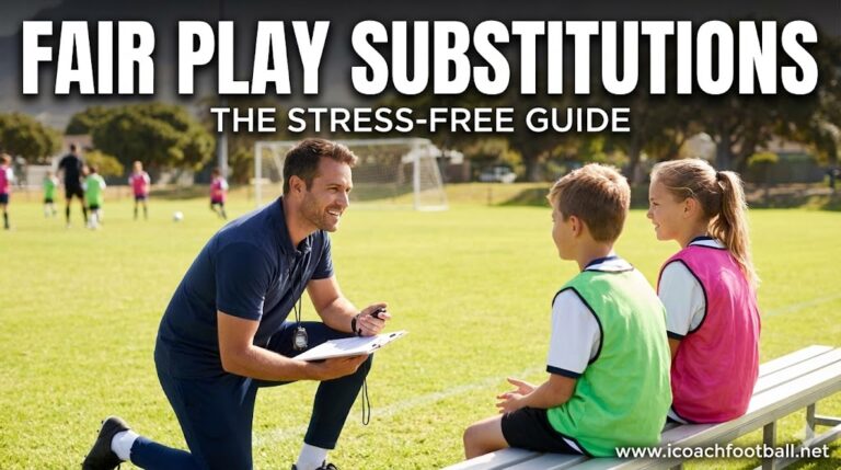 Smiling youth soccer coach with a clipboard talking to substitute players on the sideline. Text overlay reads: FAIR PLAY SUBSTITUTIONS - THE STRESS-FREE GUIDE.