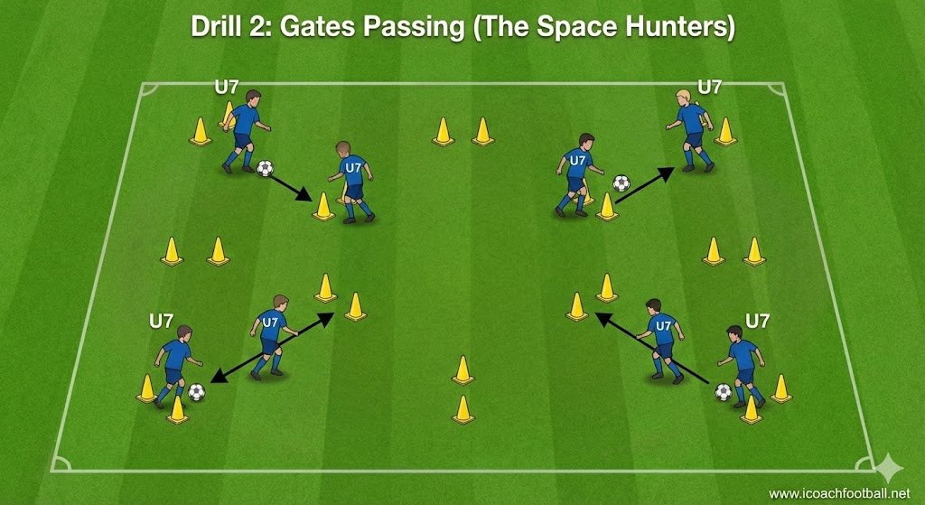 Tactical diagram of Gates Passing drill showing pairs of players passing balls through scattered cone gates.