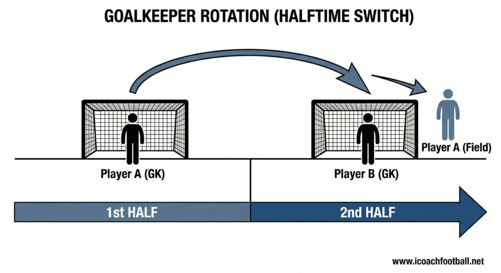 Timeline diagram illustrating a fair goalkeeper rotation strategy, switching the goalkeeper at halftime.