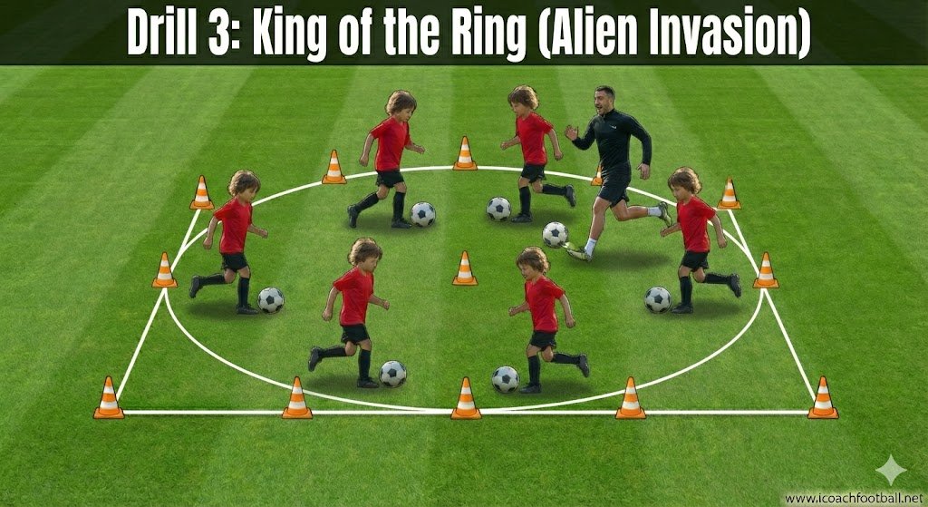 U7 Dribbling Drills: 3 Fun Games for Close Control 4 Tactical diagram of King of the Ring soccer drill.