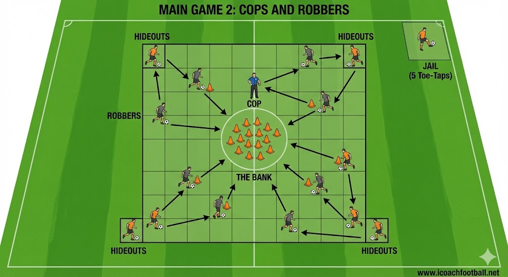 Tactical diagram of Cops and Robbers soccer game showing players stealing cones from a central zone.