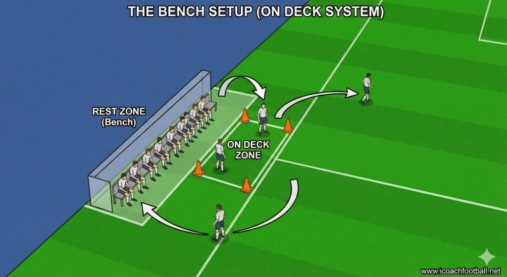 Tactical diagram showing a soccer sideline with a bench labeled 'Rest Zone' and a coned-off area labeled 'On Deck Zone' to organize substitutes.