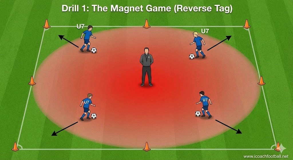 Tactical diagram of The Magnet Game showing U7 players dribbling away from the coach.