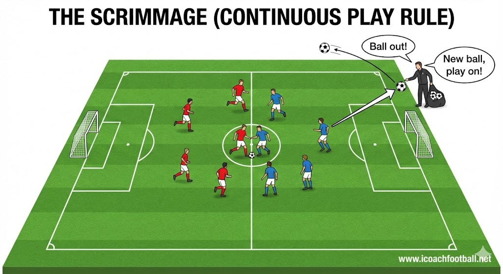 Diagram of a small-sided soccer scrimmage showing the coach rolling new balls in to keep play moving.