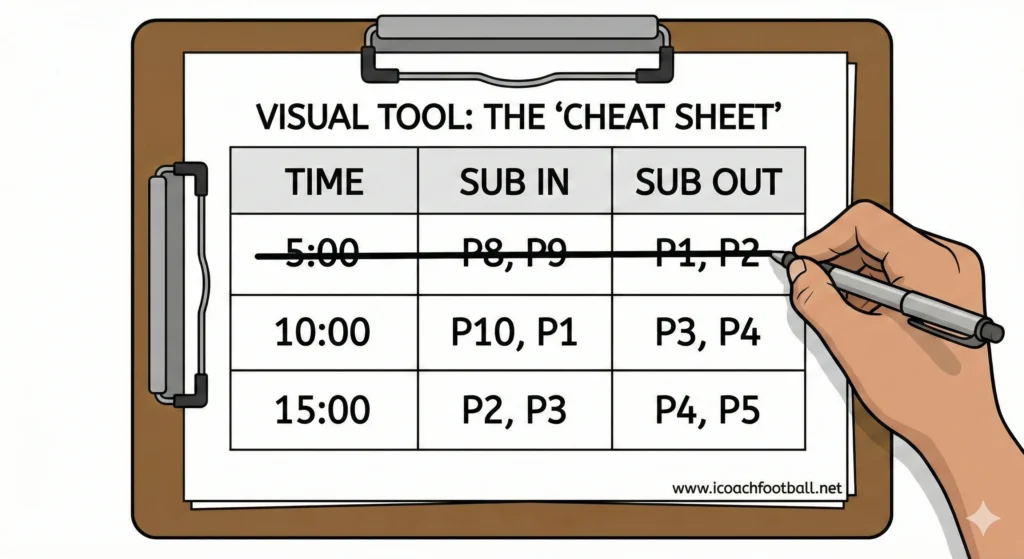 A coach's clipboard with a pre-filled substitution rotation grid, showing a hand crossing off the first rotation.