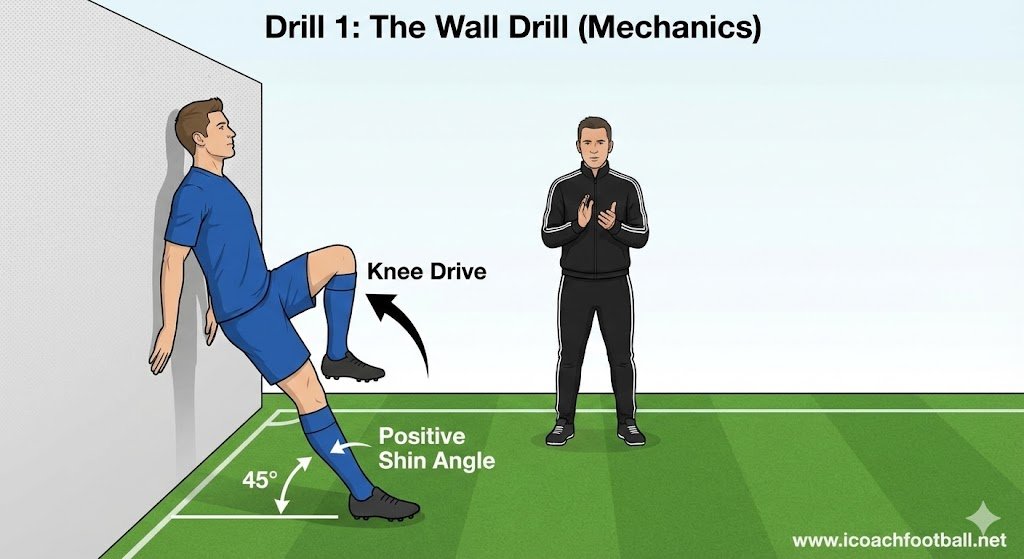 Soccer player performing the Wall Drill to fix sprinting posture and train positive shin angles for acceleration.
