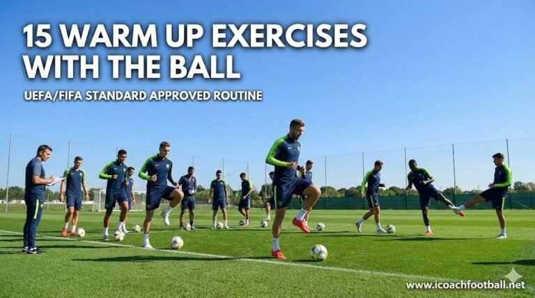 Soccer players performing dynamic warm up exercises with the ball on a grass pitch, demonstrating high knees and activation drills.