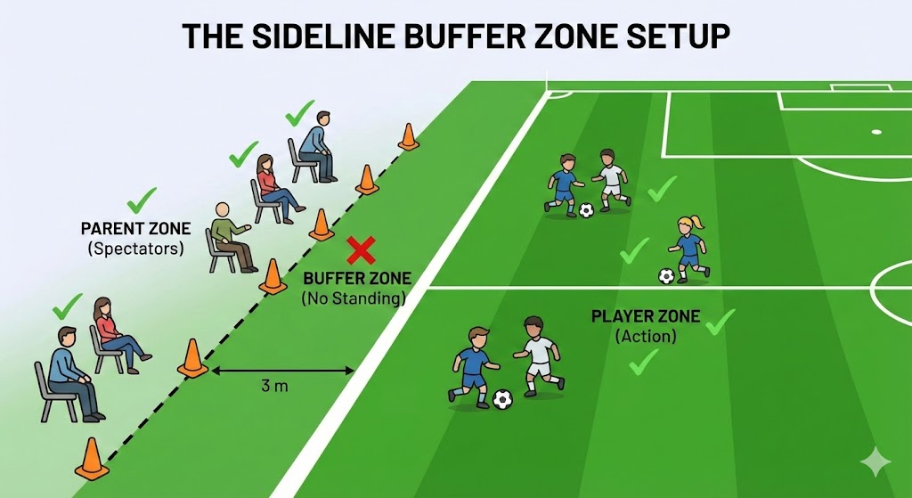 Soccer sideline buffer zone setup with cones to stop parent coaching.