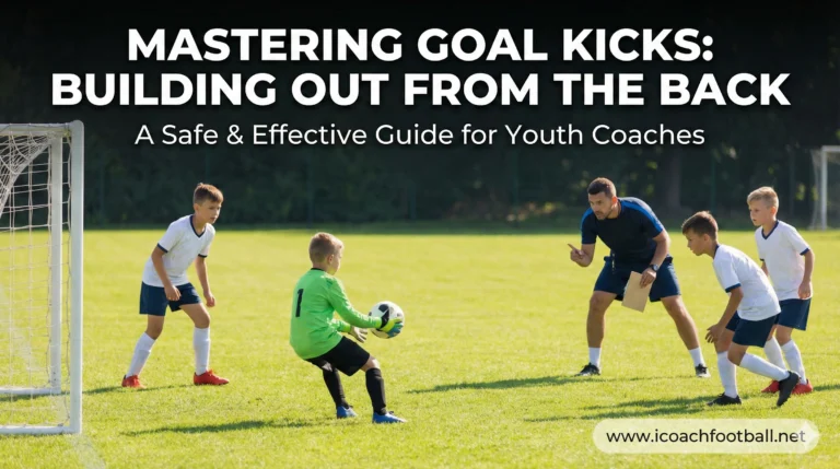Soccer coach teaching youth players how to build out from the back during a goal kick.