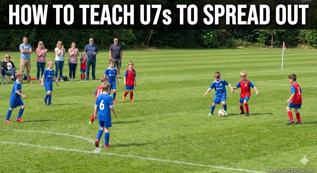 U7 soccer players playing a game where they are spread out on the field.