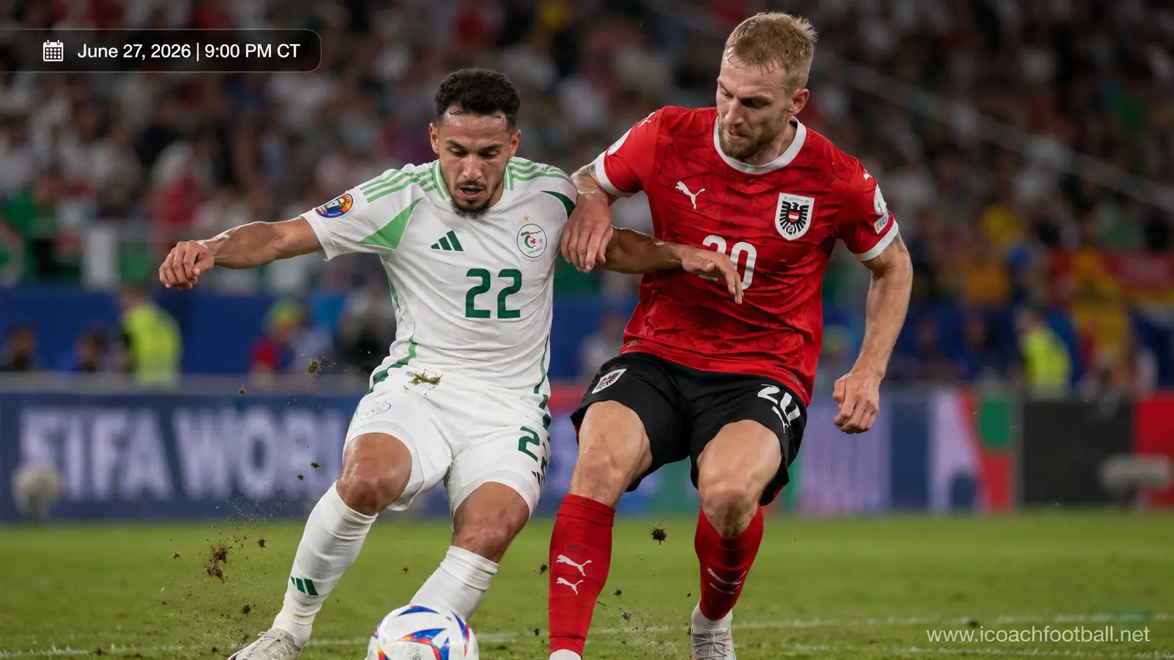 Ismaël Bennacer and Konrad Laimer in an intense tactical battle during the Algeria vs Austria World Cup match.