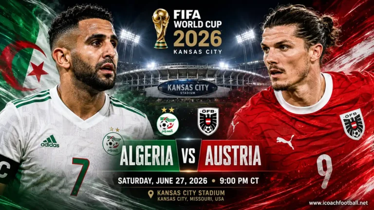 Algeria vs Austria World Cup 2026 live stream preview graphic featuring Riyad Mahrez and Marcel Sabitzer at Kansas City Stadium.