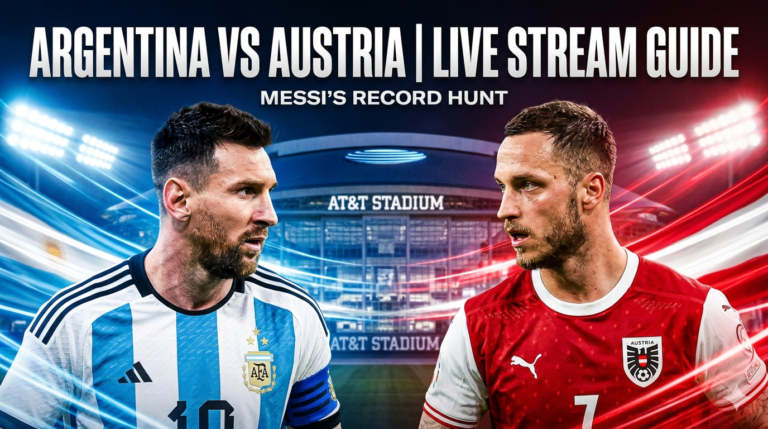 Argentina vs Austria World Cup 2026 live stream promo graphic featuring Lionel Messi and Marko Arnautovic face-to-face at AT&T Stadium.