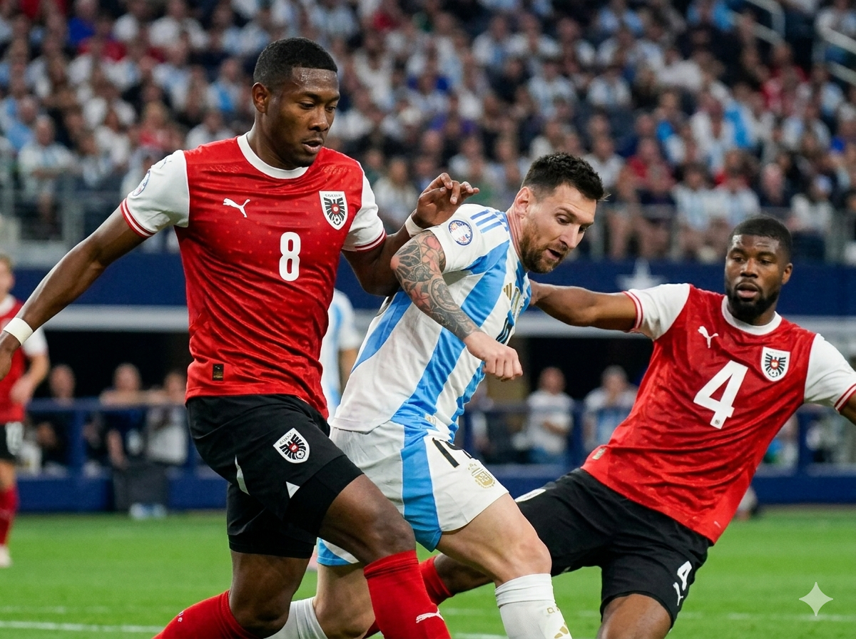 Austria national football team defenders David Alaba and Kevin Danso aggressively tackling Lionel Messi during a high-intensity World Cup match.