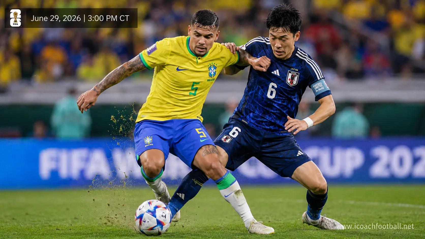 Bruno Guimarães and Wataru Endo in an intense tactical battle during the Brazil vs Japan World Cup match.
