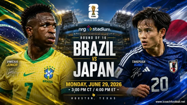 Brazil vs Japan World Cup 2026 live stream preview graphic featuring Vinícius Júnior and Takefusa Kubo at Houston Stadium.
