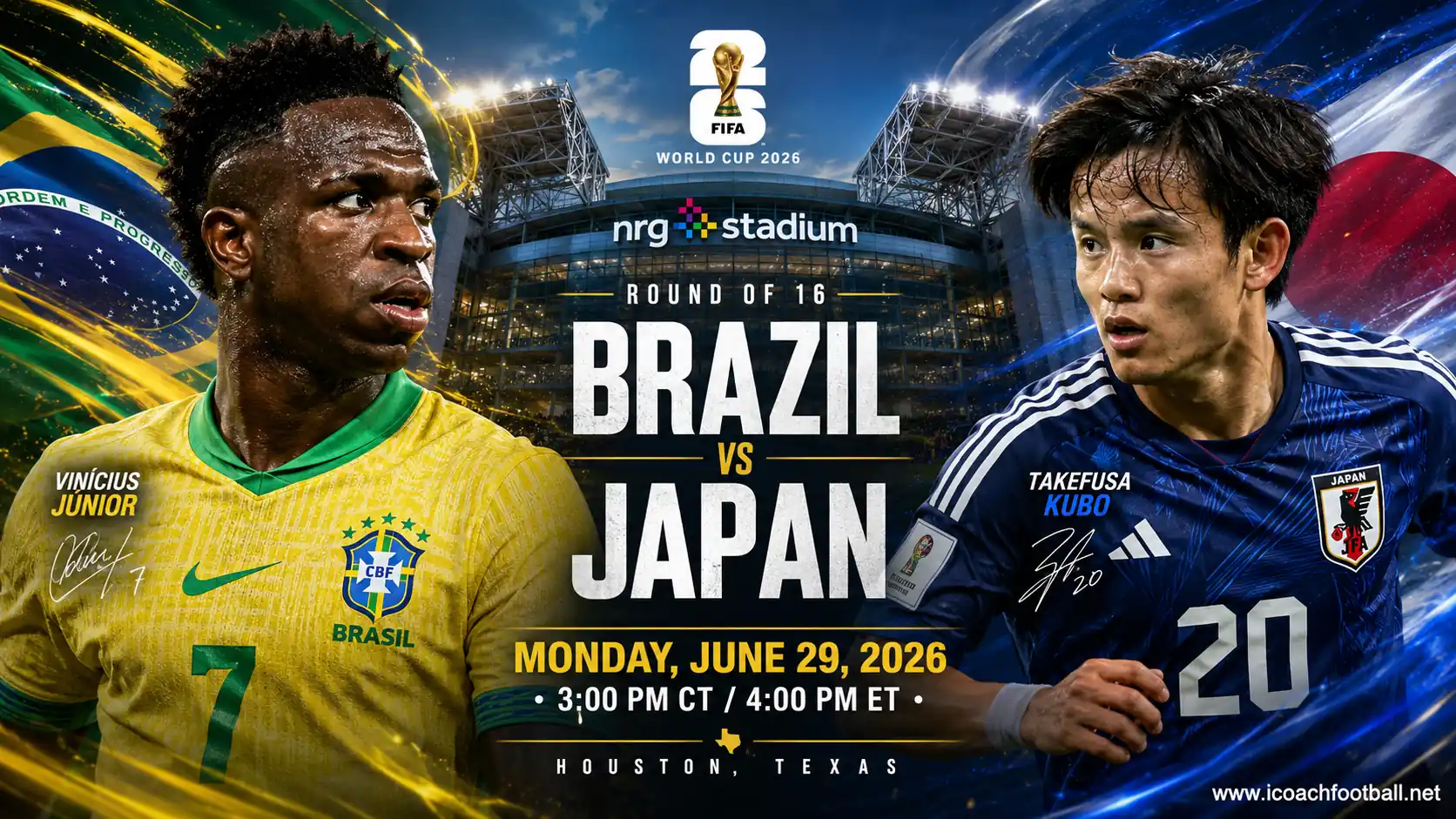Brazil vs Japan World Cup 2026 live stream preview graphic featuring Vinícius Júnior and Takefusa Kubo at Houston Stadium.