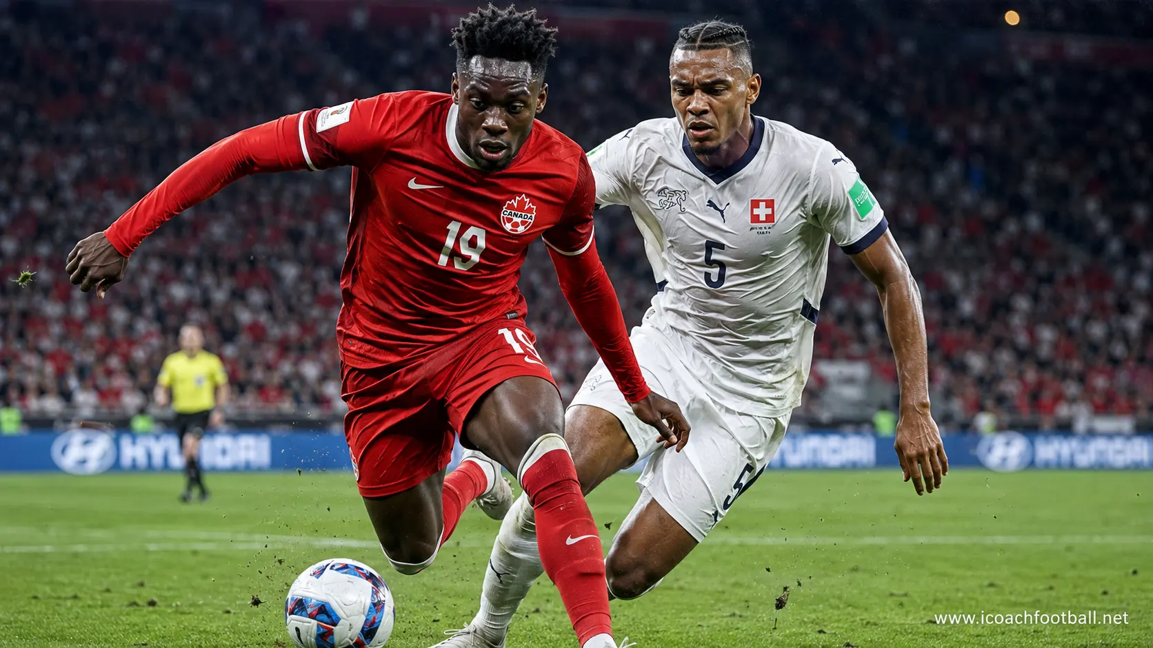 Alphonso Davies and Manuel Akanji in an intense tactical wing battle during the Canada vs Switzerland World Cup match.