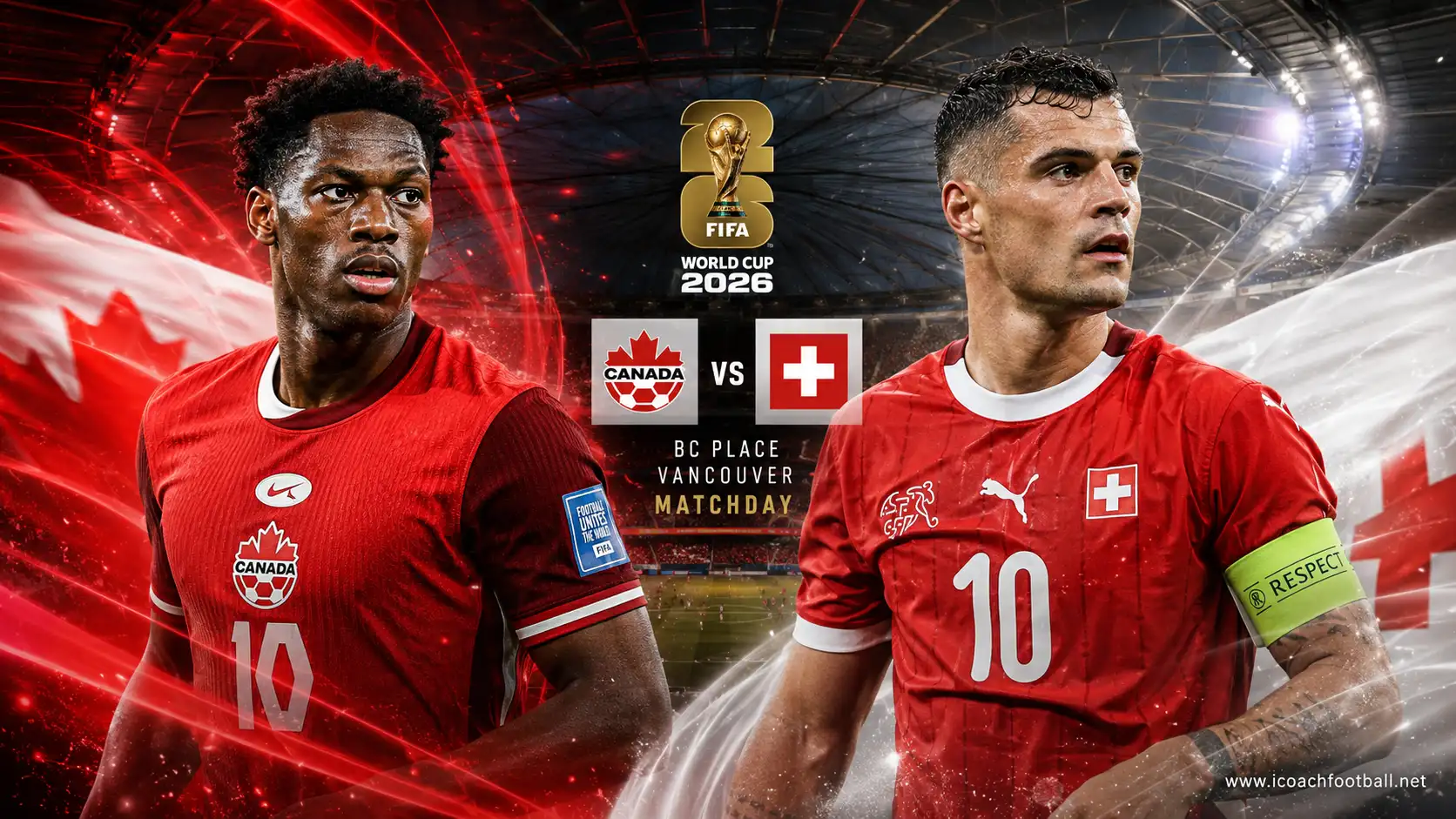 Canada vs Switzerland World Cup 2026 live stream preview graphic featuring Jonathan David and Granit Xhaka at BC Place.