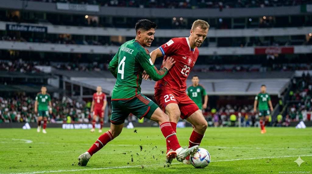 Edson Alvarez and Tomas Soucek in an intense tactical midfield battle during the Czech Republic vs Mexico World Cup match.