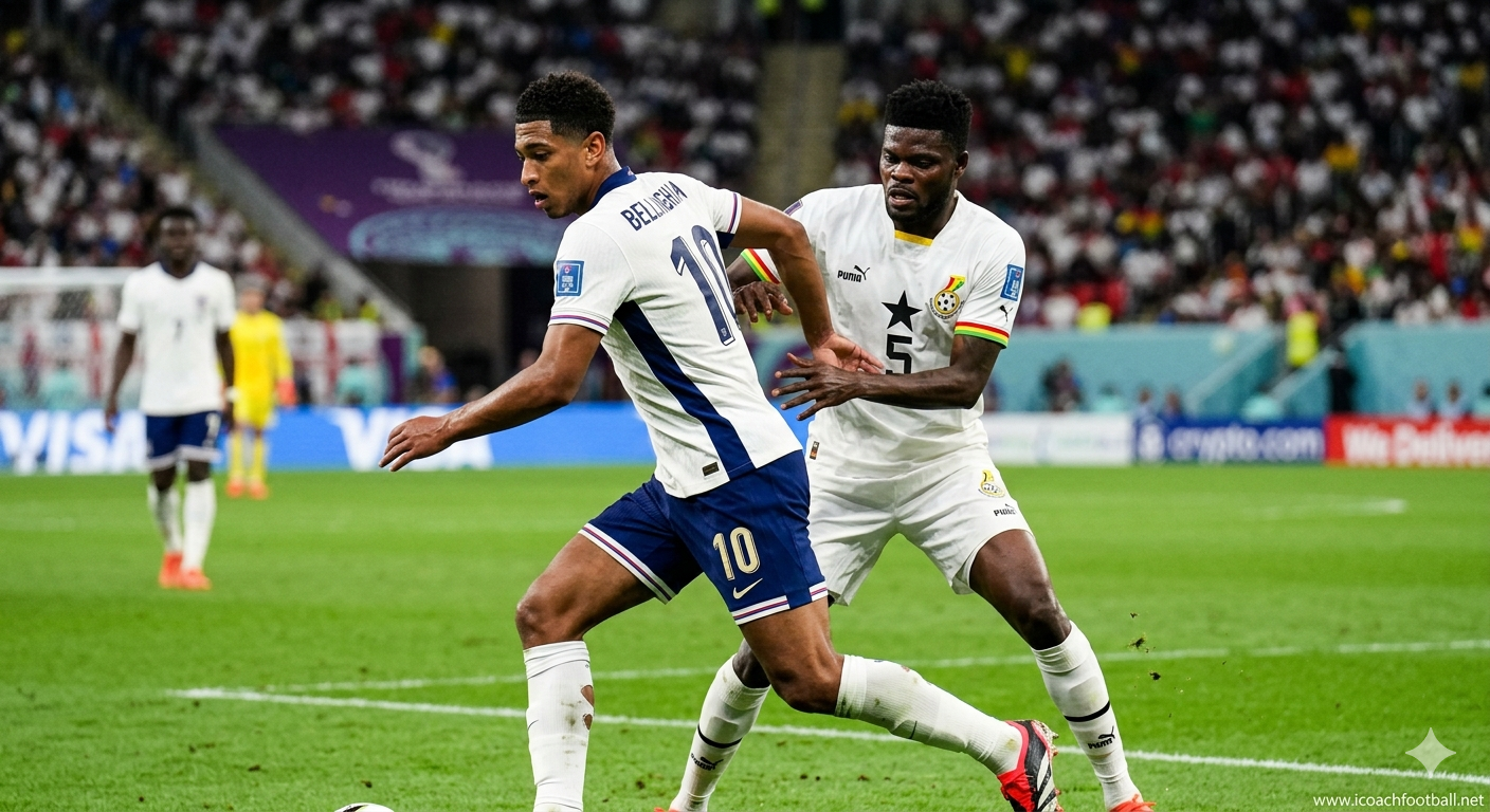 Jude Bellingham and Thomas Partey in an intense tactical midfield battle during the England vs Ghana World Cup match.