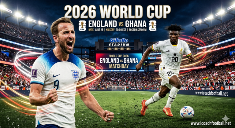 England vs Ghana World Cup 2026 live stream preview graphic featuring Harry Kane and Mohammed Kudus at Boston Stadium.