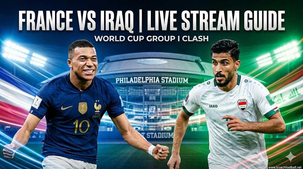 France vs Iraq World Cup 2026 live stream preview graphic featuring Kylian Mbappe.
