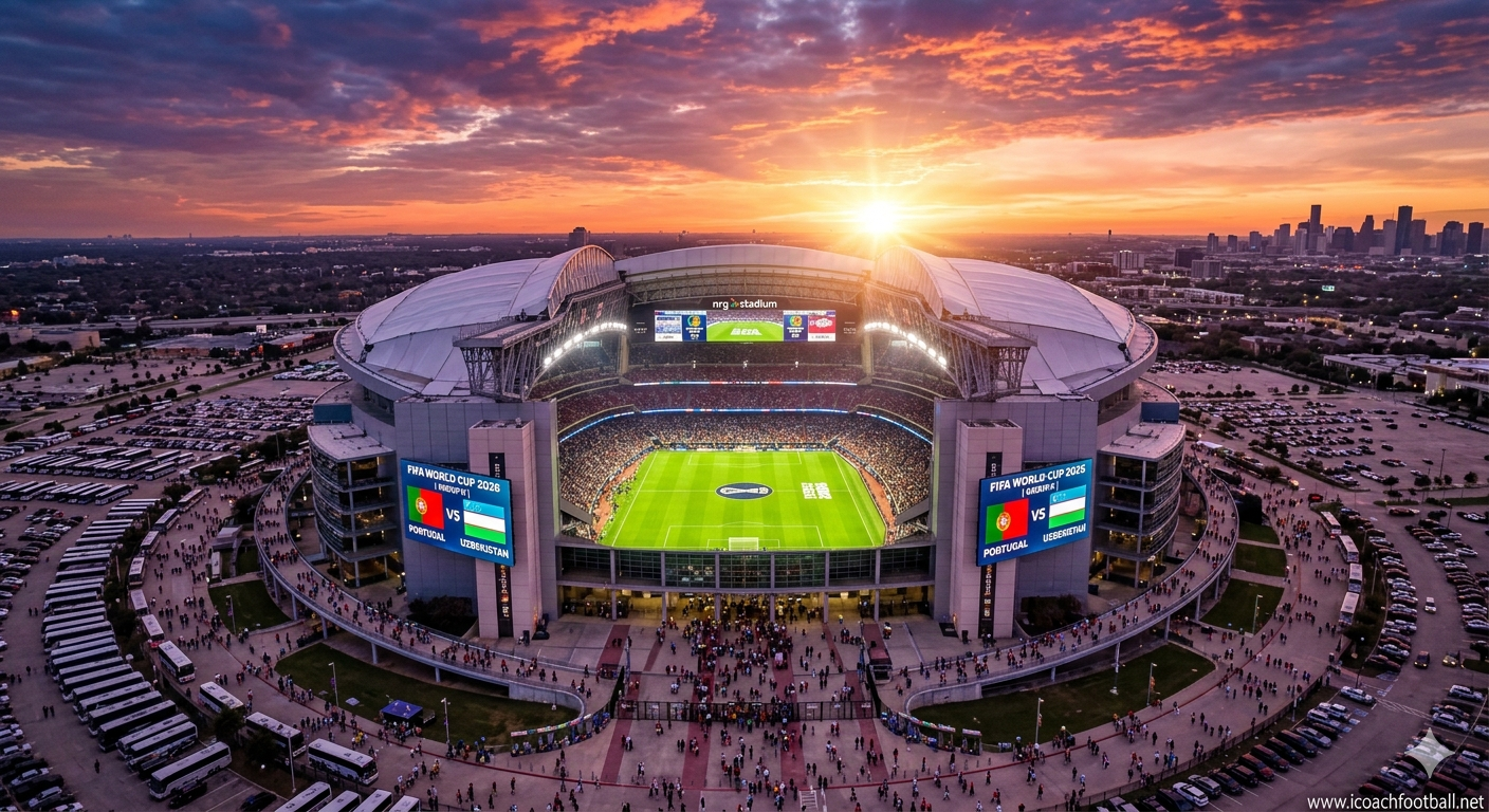 Exterior aerial view of the illuminated Houston Stadium in Texas hosting the World Cup.