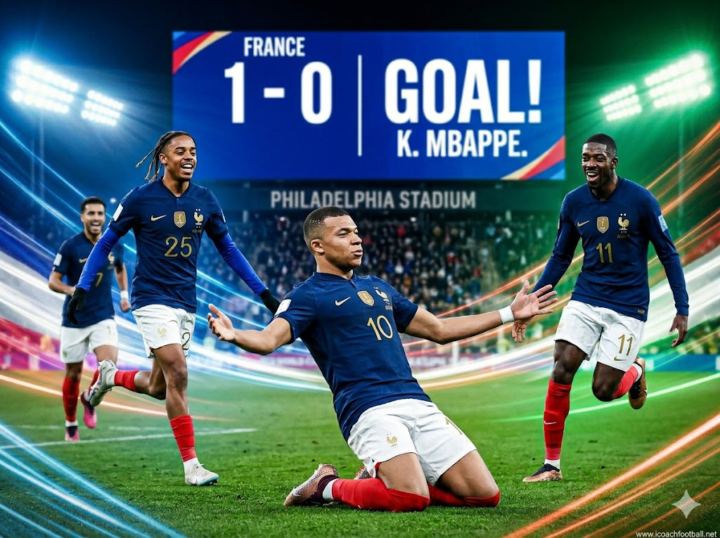 Kylian Mbappe celebrating a goal for the France national team during the 2026 FIFA World Cup.