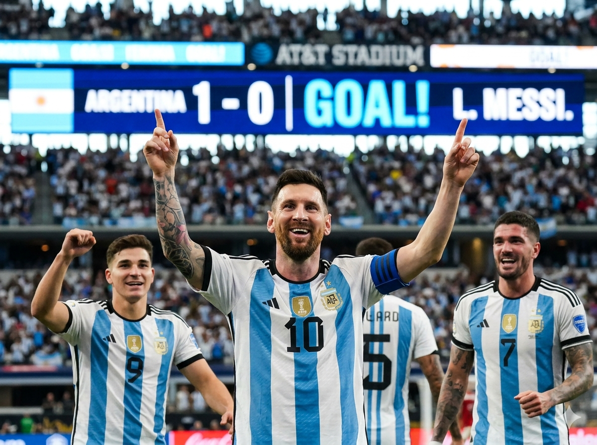 Lionel Messi celebrating a goal for Argentina at the World Cup with teammates Julian Alvarez and Rodrigo De Paul, pointing to the sky in front of a stadium scoreboard.