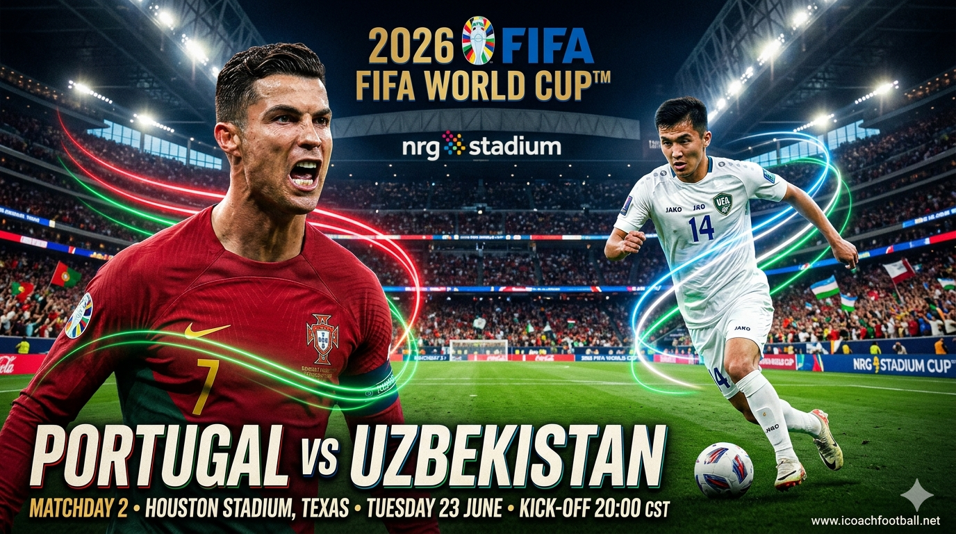 Portugal vs Uzbekistan World Cup 2026 live stream preview graphic featuring Cristiano Ronaldo and Abbosbek Fayzullaev at Houston Stadium.