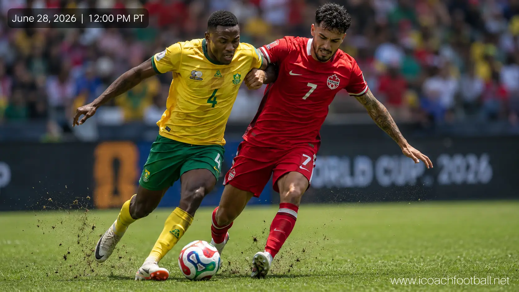 Teboho Mokoena and Stephen Eustáquio in an intense tactical battle during the South Africa vs Canada World Cup match.