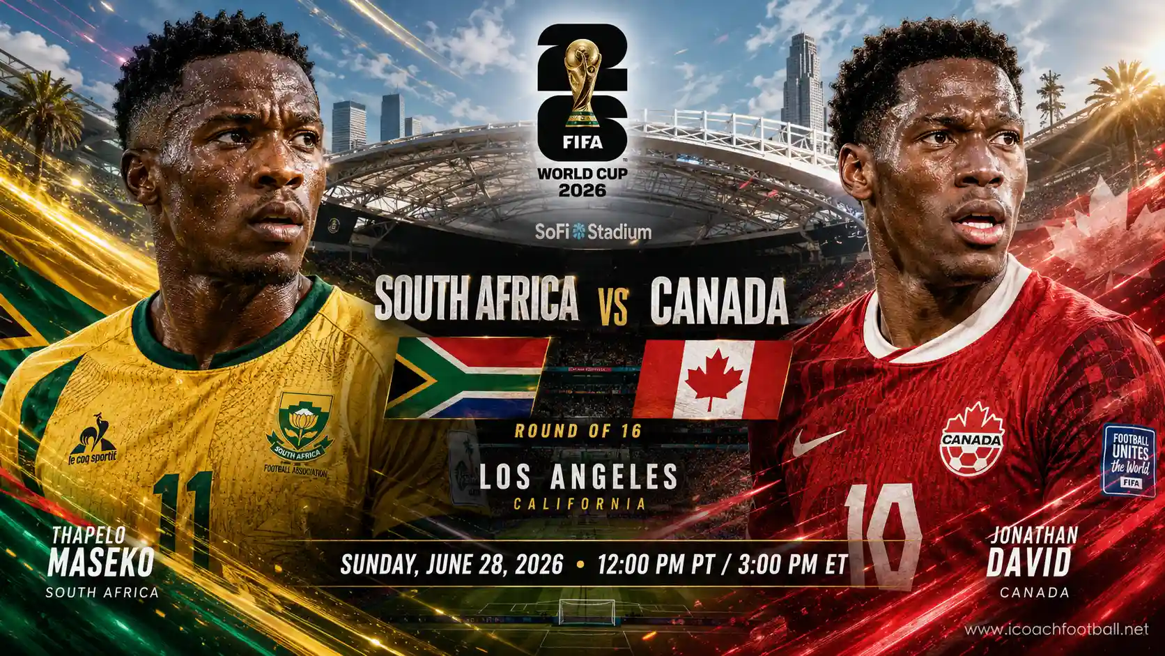 South Africa vs Canada World Cup 2026 live stream preview graphic featuring Thapelo Maseko and Jonathan David at Los Angeles Stadium.