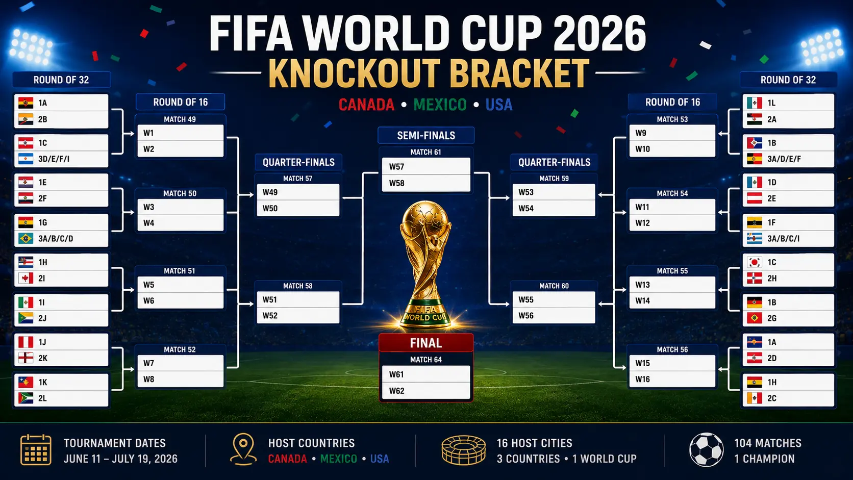 world cup 2026 knockout bracket, route to the final through Round of 32, 16, quarter-finals and semi-finals