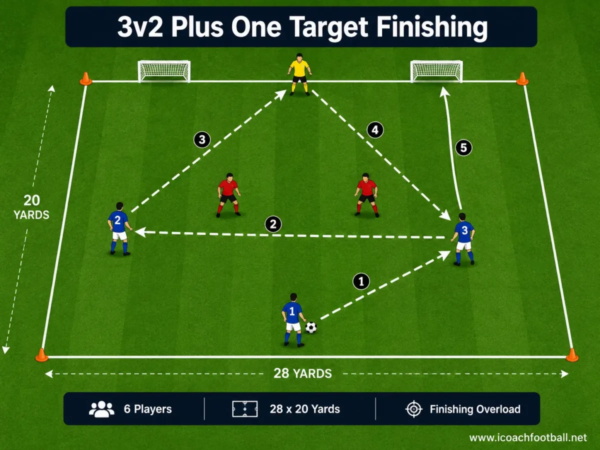 3v2 Plus One Target Finishing Drill Three attackers combining against two defenders with one target player and two mini goals