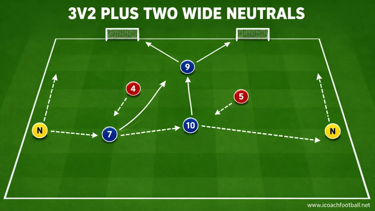 Three attackers playing against two defenders with two wide neutral players and two mini goals
