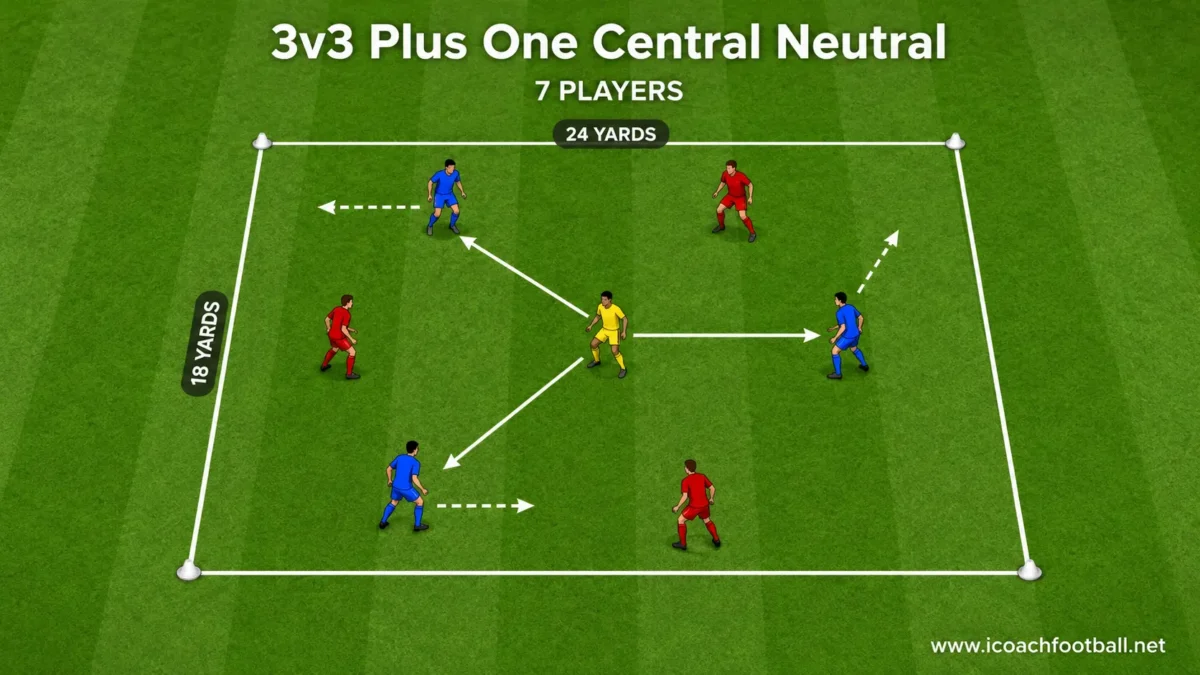 Three-versus-three possession game with one central neutral player supporting the team in possession