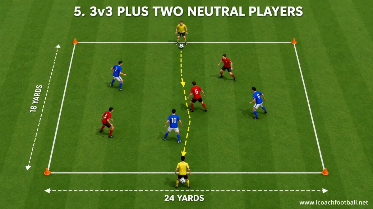 Three-versus-three possession game with two neutral players supporting from opposite end lines