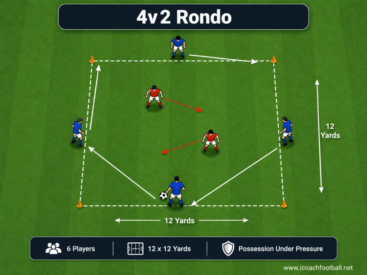 4v2 Rondo Drill for 6 Players Four attackers keeping possession against two defenders in a 12 by 12-yard rondo