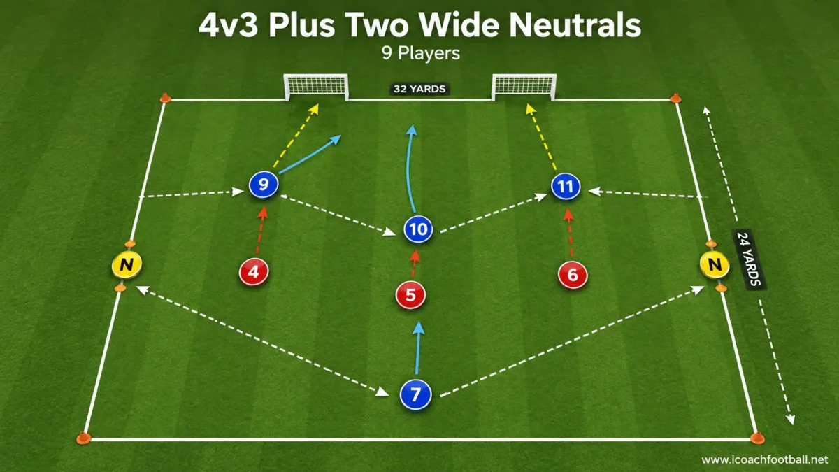 Four attackers playing against three defenders with two wide neutrals and two mini goals.