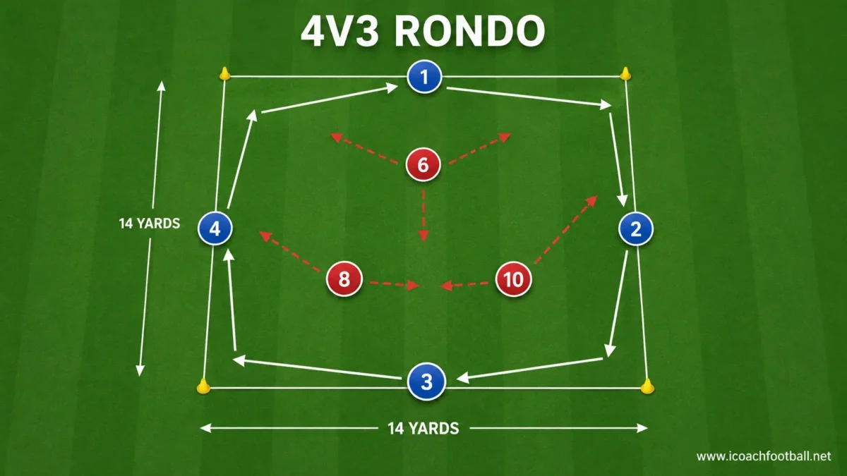 Four possession players keeping the ball against three defenders inside a 14 by 14-yard rondo